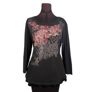 Y2K Floral Rhinestone Long Sleeve Top Grunge Goth Mcbling Laura Scott Size XL